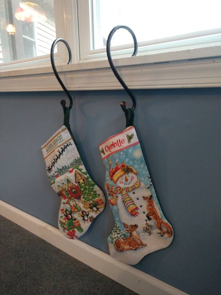 8" and 12" Christmas Family Stocking Holder Set - Black Iron Mantel Hanger, Rustic Farmhouse Style