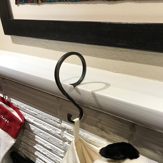 8" and 12" Christmas Family Stocking Holder Set - Black Iron Mantel Hanger, Rustic Farmhouse Style