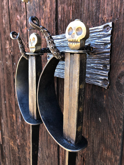 Fireplace Set Hand Forged Pirate Sword Style - Nautical Art - Wall Mounted - Handmade In USA