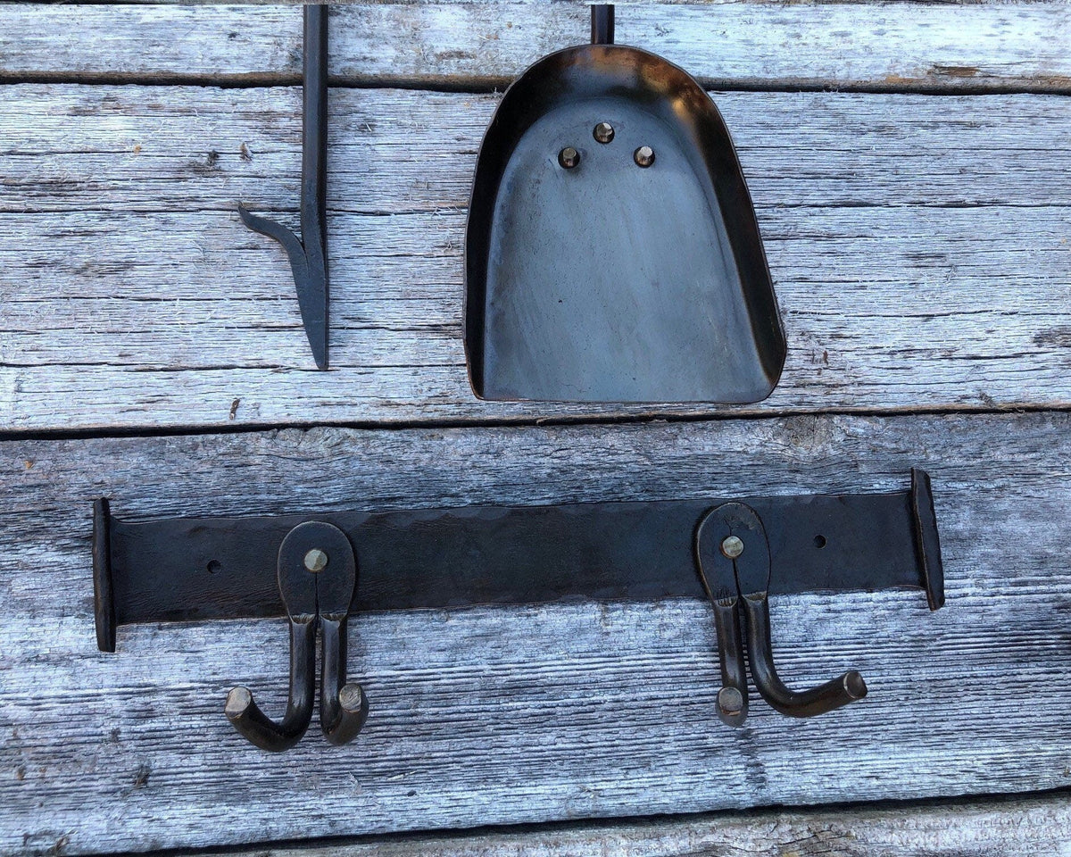 Fireplace Tool Set Twisted Railroad Spike Handles - Broom, Shovel, Poker, Ash Rake, Tongs, Wall Mounted Rack - Handmade In USA