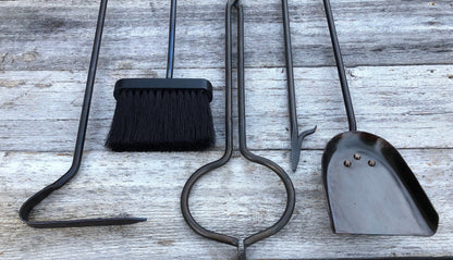 Fireplace Tool Set Straight Railroad Spike Handles - Broom, Shovel, Poker, Ash Rake, Tongs, Wall Mounted Rack - Handmade In USA